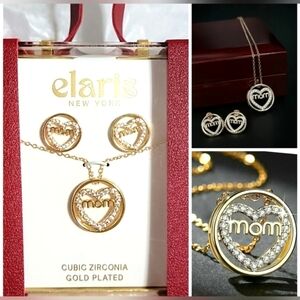 New Mom Gold Plated Cubic Zirconia Necklace Set In Case Earrings Heart Love